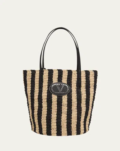 Valentino Garavani Striped Raffia Bucket Bag In Brown