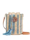 Valentino Garavani Small Bucket Bag In Raffia With Beige And Light Blue Stripes In Multi