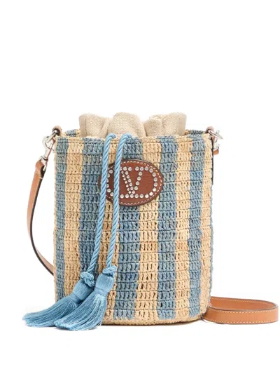 Valentino Garavani Embellished Striped Leather-trimmed Raffia Bucket Bag In Multi