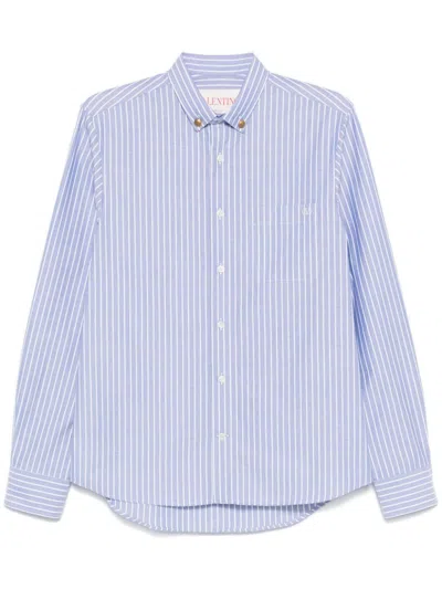 Valentino Button-down Collar Logo-embroidered Striped Cotton-poplin Shirt In Blue