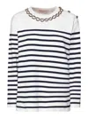 Valentino Embellished Striped Ribbed Cotton Sweater In White