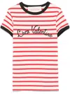 Valentino Women Ivory Striped Jersey Embroidered T-shirt In Red