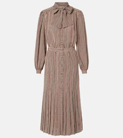 Valentino Striped Tie-neck Silk Midi Dress In Brown