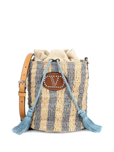 Valentino Garavani Small Bucket Bag In Raffia With Beige And Light Blue Stripes In Multi