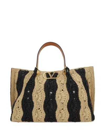 Valentino Garavani Medium Raffia Shopping Bag With Wave Motif In Pattern