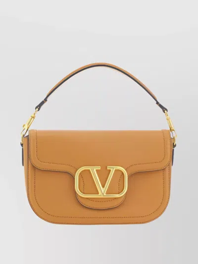 Valentino Garavani Almond Beige Calf Leather Alltime Shoulder Bag In Brown
