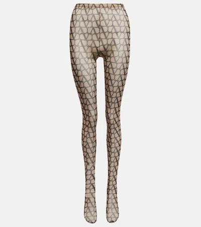 Valentino Beige\/black Tights With All-over Logo