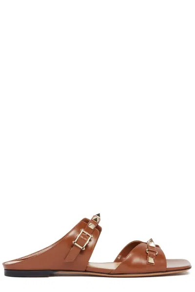 Valentino Garavani Rockstud Leather Flat Sandals In Brown