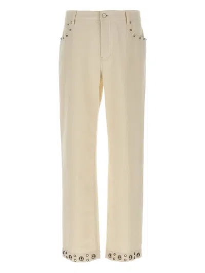 Valentino Stud-embellished Cotton Trousers In Neutral