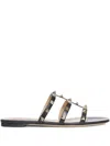 Valentino Rockstud Slide Sandal In Laminated Nappa With Cabochon In Black