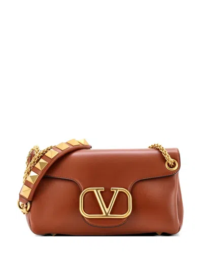 Pre-owned Valentino Garavani Stud Sign Leather Shoulder Bag In Brown