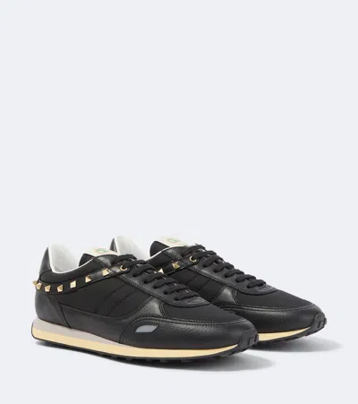 Valentino Garavani Stud Up Embellished Leather-trimmed Sneakers In Black