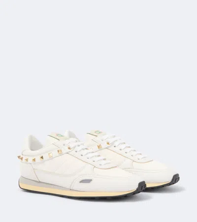 Valentino Garavani Stud Up Leather And Nylon Sneakers With Rockstud Embellishments In White