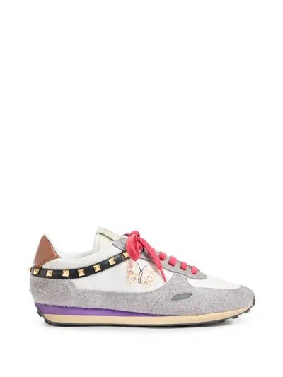 Valentino Garavani Stud Up Sneaker In Split Leather And Nylon With Butterfly Embroidery In Multi