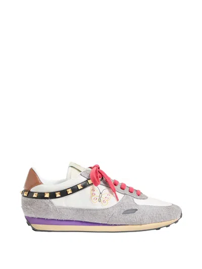 Valentino Garavani Valentino Stud Up Trainer In Split Leather And Nylon With Butterfly Embroidery In Gray
