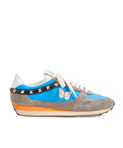 Valentino Garavani Stud Up Trainer In Split Leather And Nylon With Butterfly Embroidery In Multi