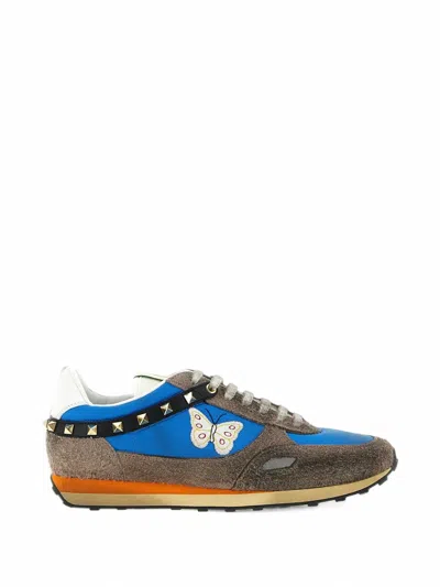 Valentino Garavani Stud Up Trainers In Split Leather And Nylon With Butterfly Embroidery In Blue