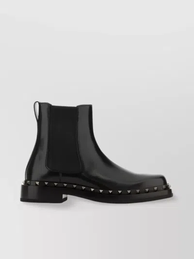 Valentino Garavani Studded Calf Leather Elastic Ankle Boots In Black