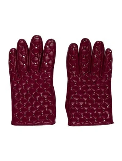 Pre-owned Valentino Garavani Studded Leather Gloves In Burgundy