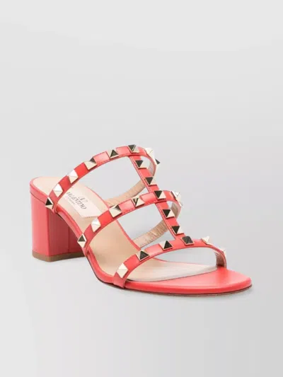 Valentino Garavani Studded Leather Sandals With Mid Block Heel In Orange