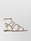 Valentino Studded Leather Sandals With Open Toe And Flat Sole In Brown