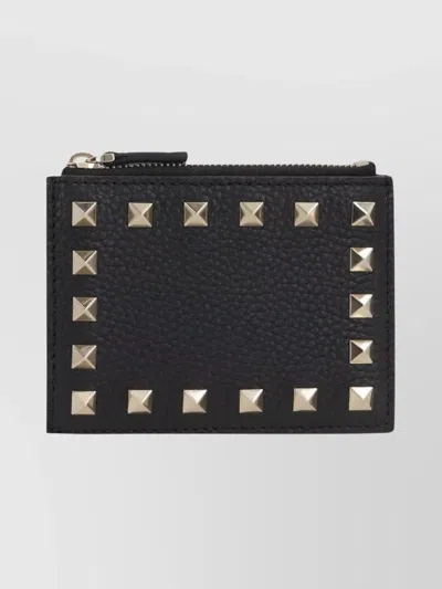 Valentino Garavani Studded Leather Zipped Card Holder In Black