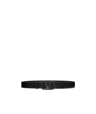 Valentino Garavani Studded Logo Buckle Leather Belt In Black
