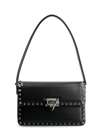 Valentino Garavani Studded Midnight Blue Raffia Shoulder Handbag In Black