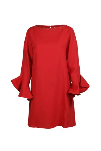Valentino Studded Neckline Ruffle-sleeve Dress In Red