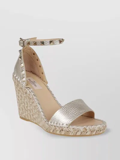 Valentino Garavani Studded Open Toe Wedge Espadrilles In Silver