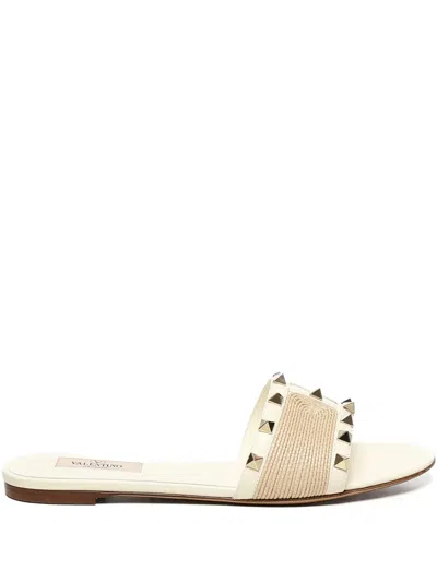 Valentino Garavani Valentino Rockstud Leather-trim Sandal In White