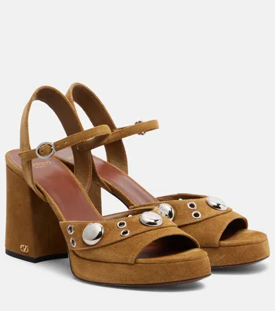 Valentino Garavani Studded Suede Platform Sandals In Brown