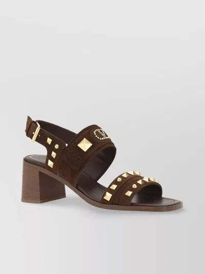 Valentino Garavani Studded Suede Sandals With Leather Block Heel In Brown