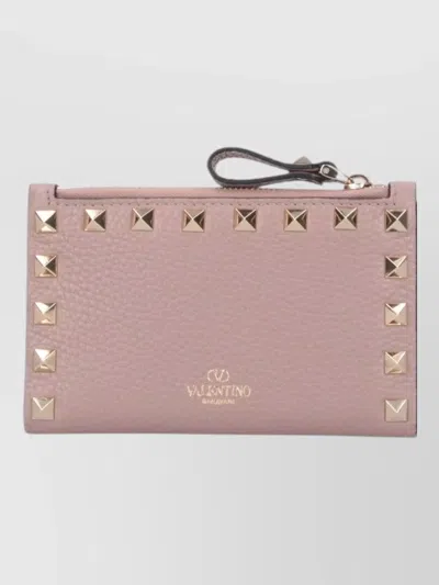 Valentino Garavani Studded Texture Card Holder Keychain Case In Pink