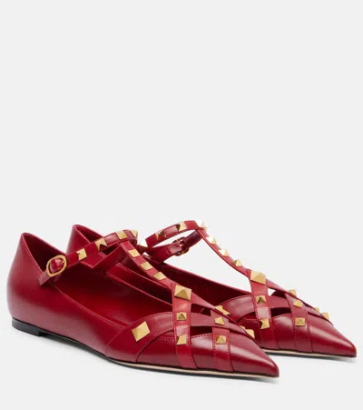 Valentino Garavani Studdy Pyramid-stud Flat Pumps In Red