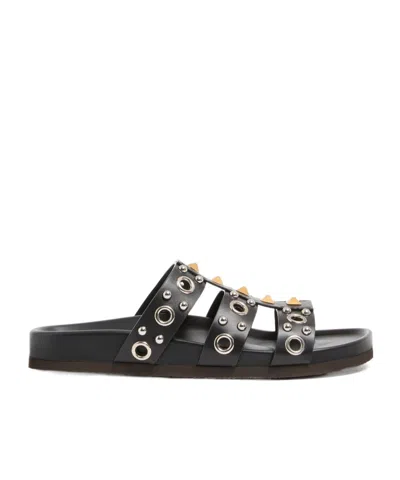 Valentino Garavani Studshield Slide Sandal In Calfskin With Studs And Cabochons In Black