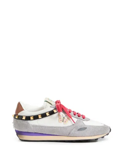 Valentino Garavani Stud-up Sneakers In Split Leather And Nylon With Butterfly Embroidery In Gray