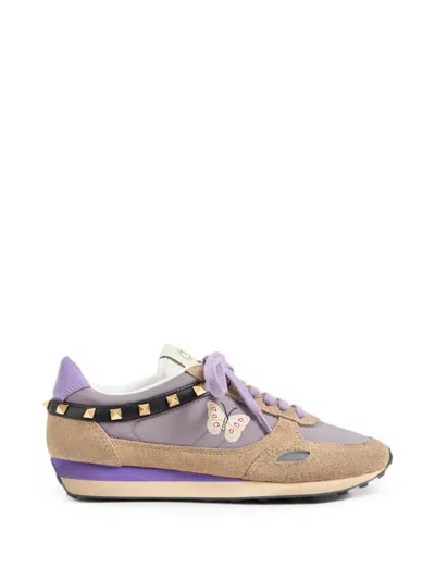 Valentino Garavani Stud-up Trainers In Split Leather And Nylon With Butterfly Embroidery In Multi