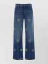 Valentino Stylish Denim Trousers Featuring Floral Cuffs In Blue