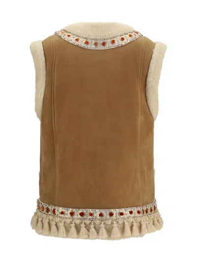 Valentino Suede And Fur With Embellished Trim Vest In Brown