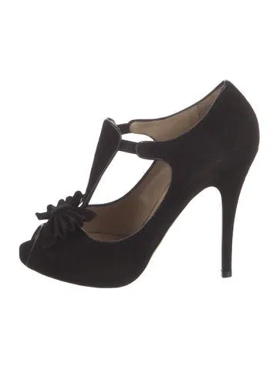 Pre-owned Valentino Garavani Suede Bow Accents T-strap Pumps In Black