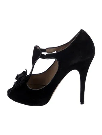 Pre-owned Valentino Garavani Suede Bow Accents T-strap Pumps In Black