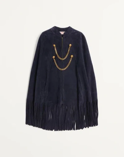 Valentino Suede Cape With Fringes In Navy Blue