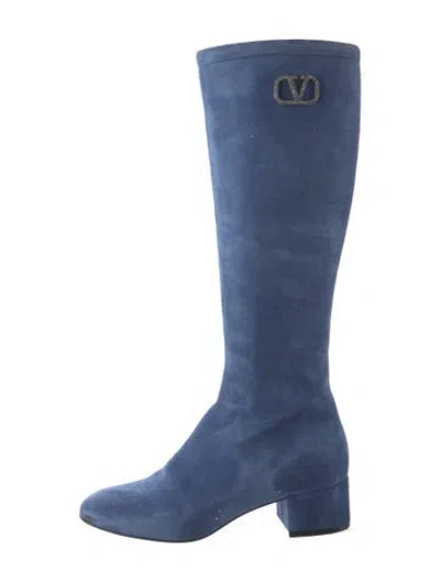 Pre-owned Valentino Garavani Suede Crystal Embellishments Boots In Blue