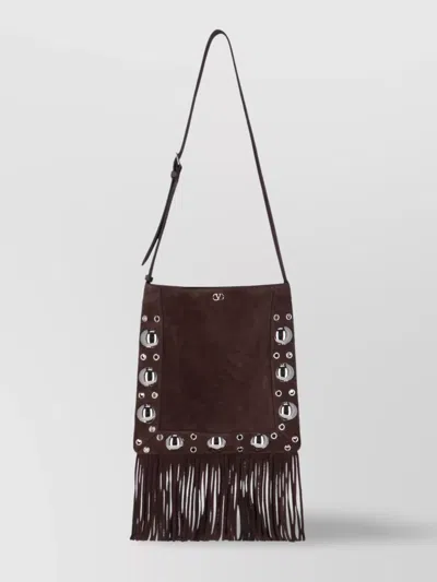 Valentino Garavani Suede Fringe Metal Eyelets Shoulder Bag