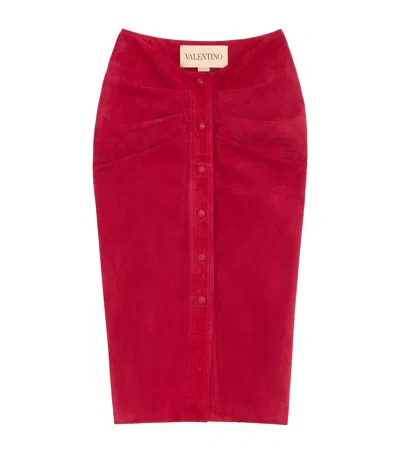 Valentino Suede Gathered Midi Skirt In Red