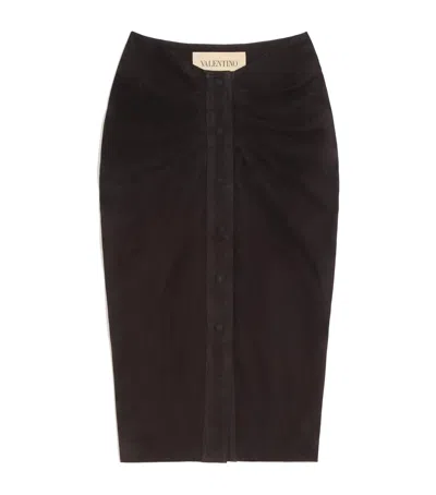Valentino Suede Gathered Midi Skirt In Black