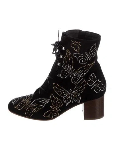 Pre-owned Valentino Garavani Suede Graphic Print Lace-up Boots In Black