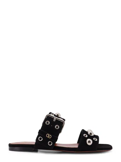 Valentino Garavani Suede Sandals With Side Metal Vlogo In Black