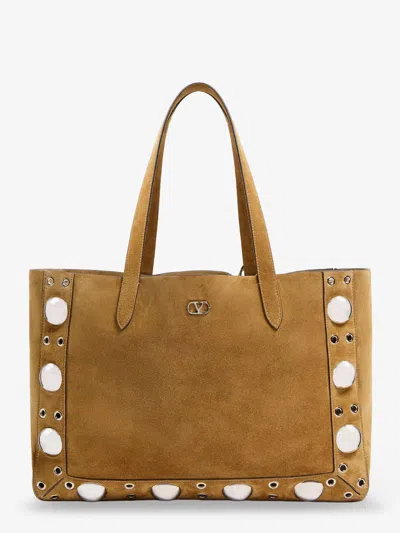 Valentino Garavani Suede Shopping Bag With Metal Logo In Brown